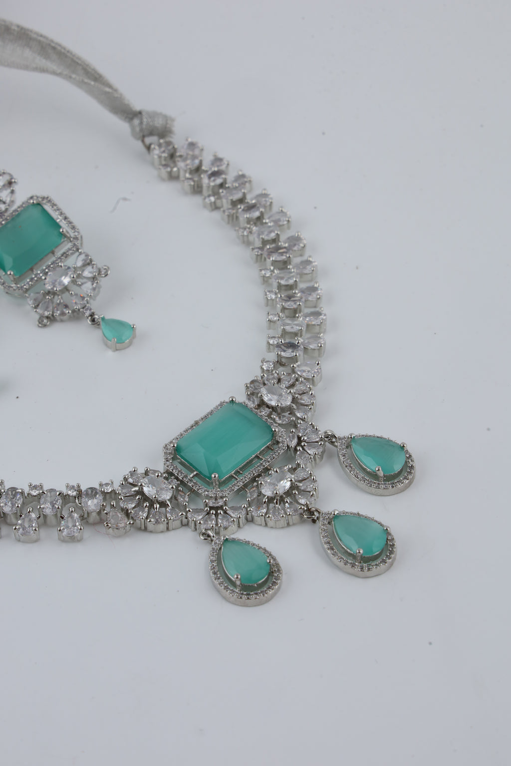 Aqua Green Crystal Silver-Tone Necklace Set with Matching Earrings