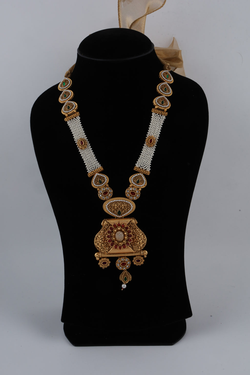 Traditional Gold-Tone Kundan Necklace with White Bead Strands