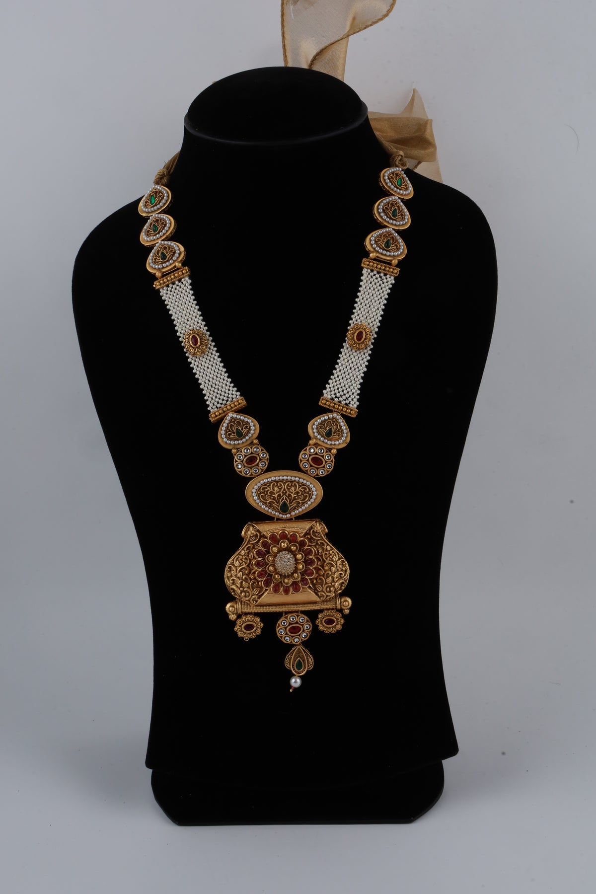 Traditional Gold-Tone Kundan Necklace with White Bead Strands