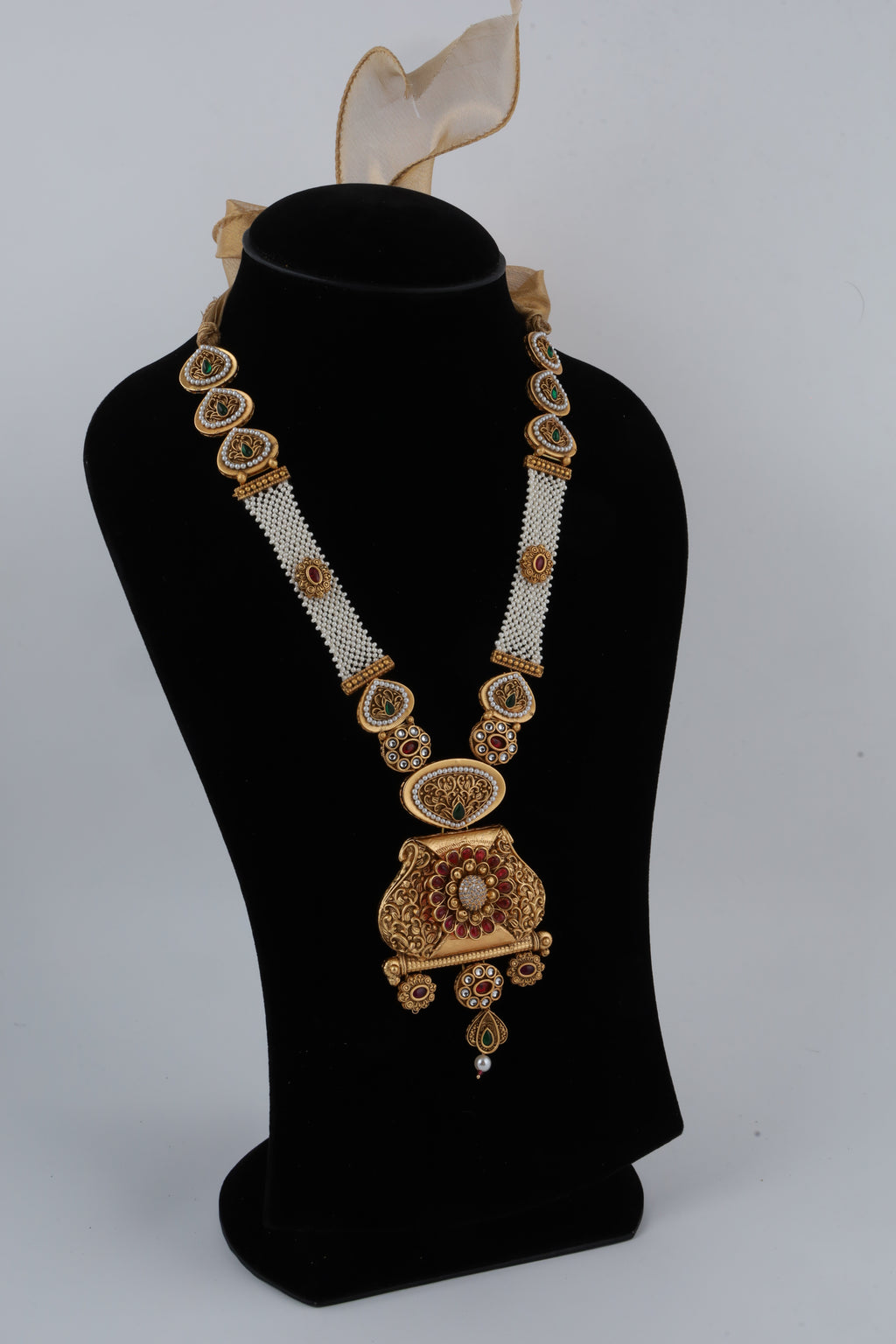 Traditional Gold-Tone Kundan Necklace with White Bead Strands