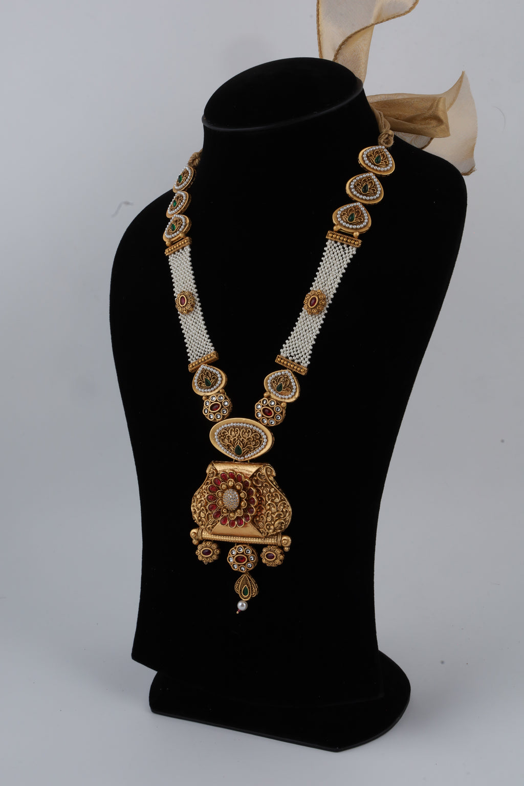 Traditional Gold-Tone Kundan Necklace with White Bead Strands