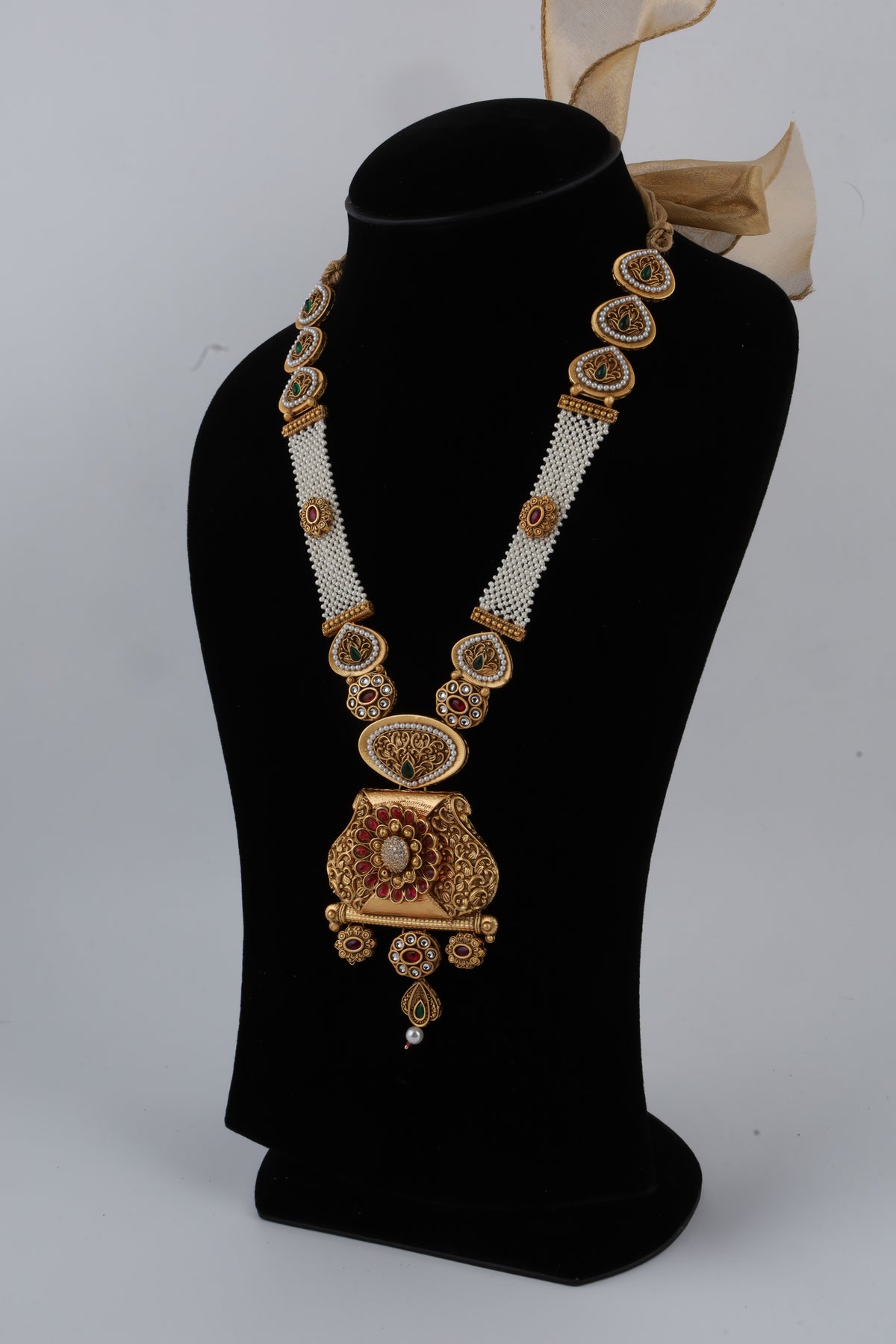 Traditional Gold-Tone Kundan Necklace with White Bead Strands