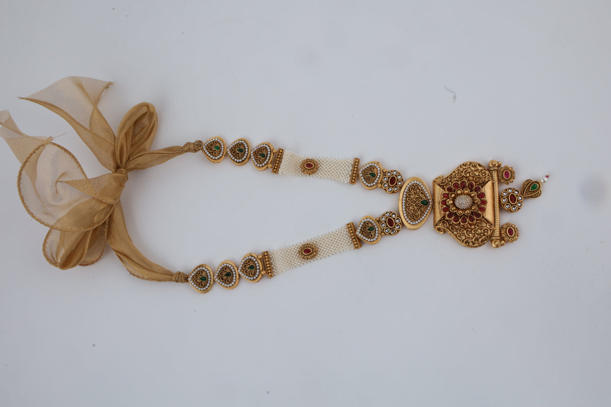 Traditional Gold-Tone Kundan Necklace with White Bead Strands