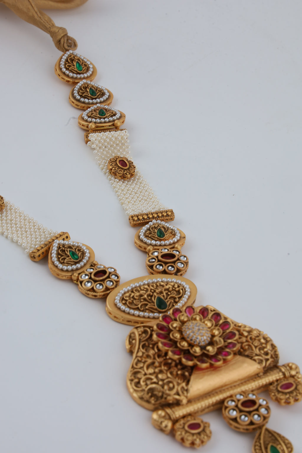 Traditional Gold-Tone Kundan Necklace with White Bead Strands