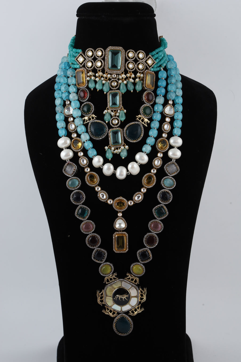 Multicolour Statement Necklace with Turquoise Beads and Layered Pendants