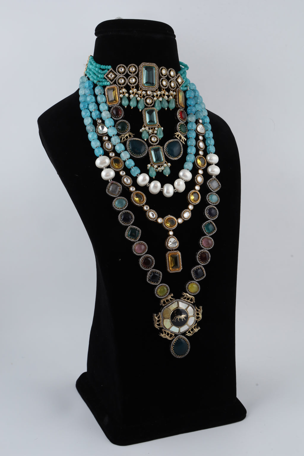Multicolour Statement Necklace with Turquoise Beads and Layered Pendants