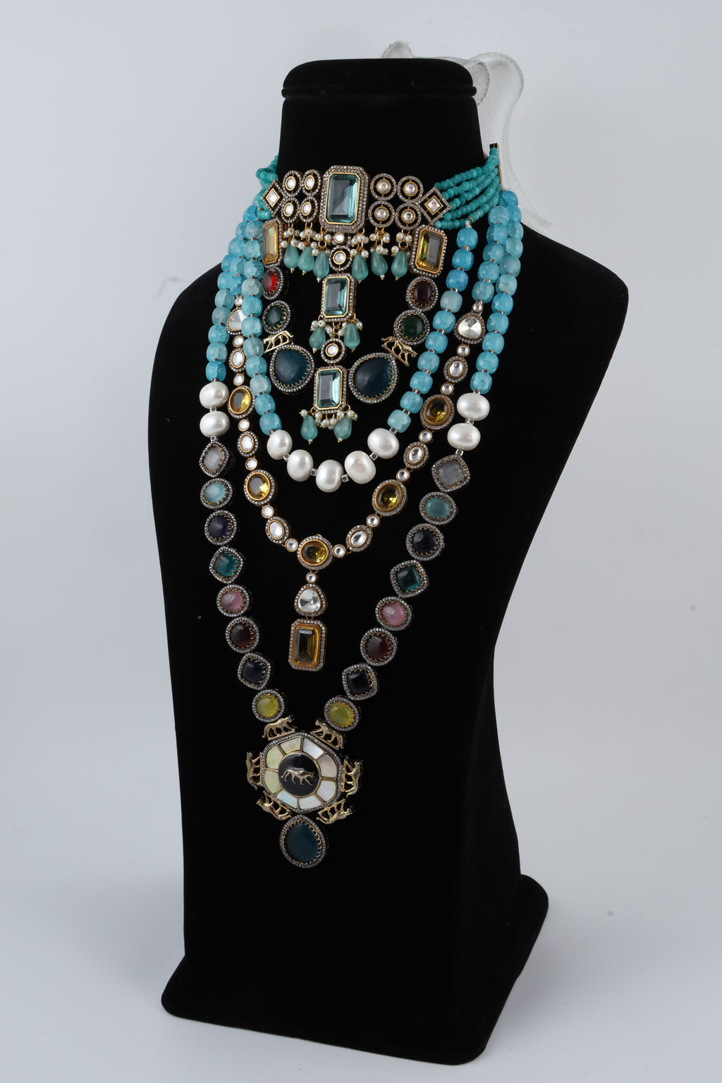 Multicolour Statement Necklace with Turquoise Beads and Layered Pendants