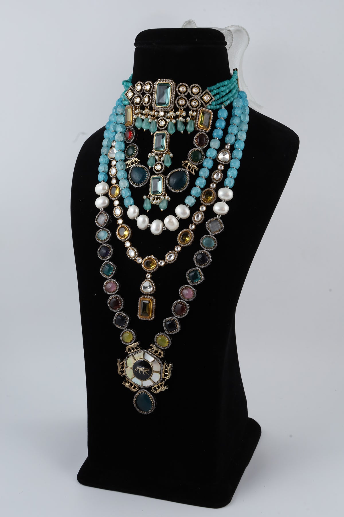 Multicolour Statement Necklace with Turquoise Beads and Layered Pendants
