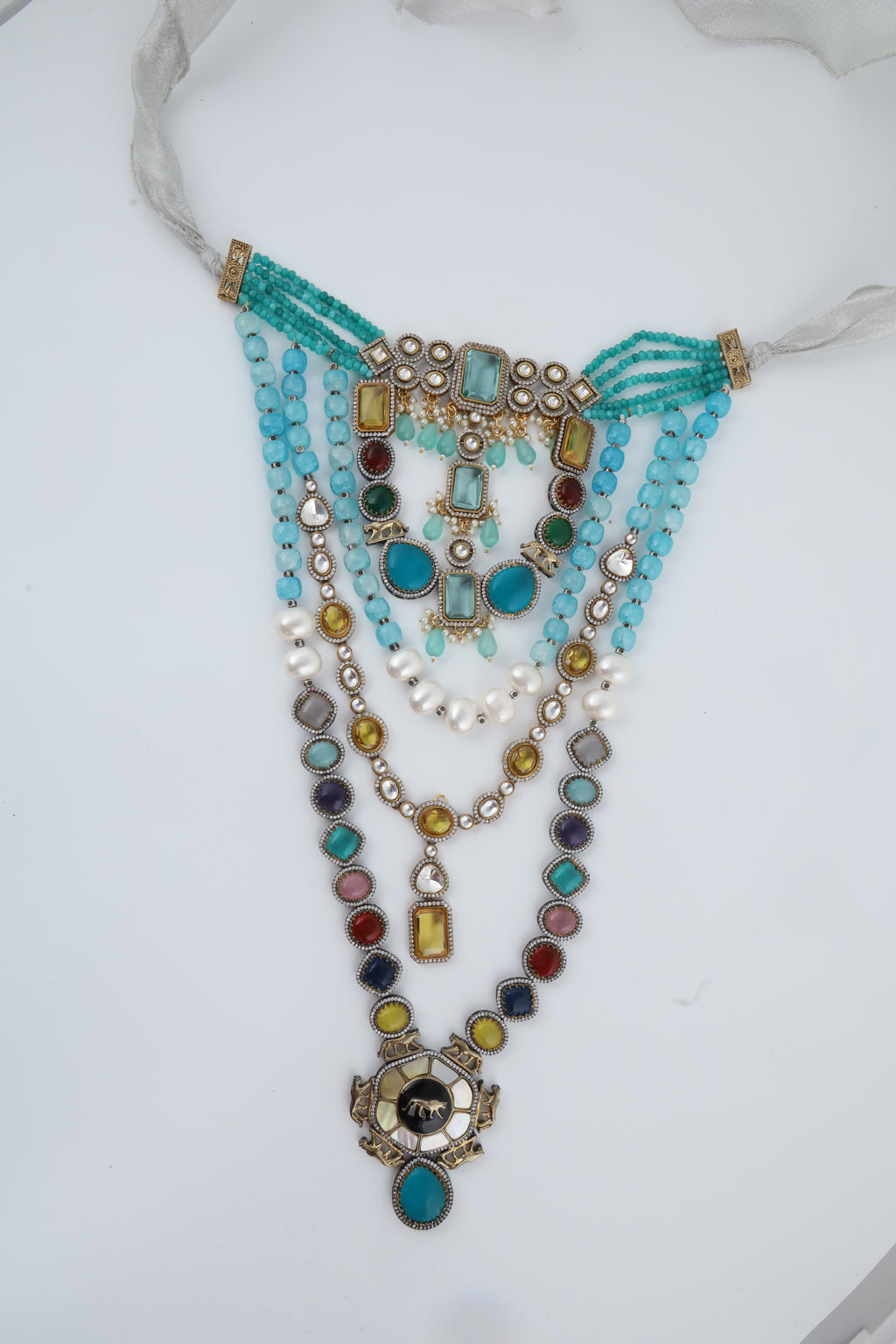Multicolour Statement Necklace with Turquoise Beads and Layered Pendants