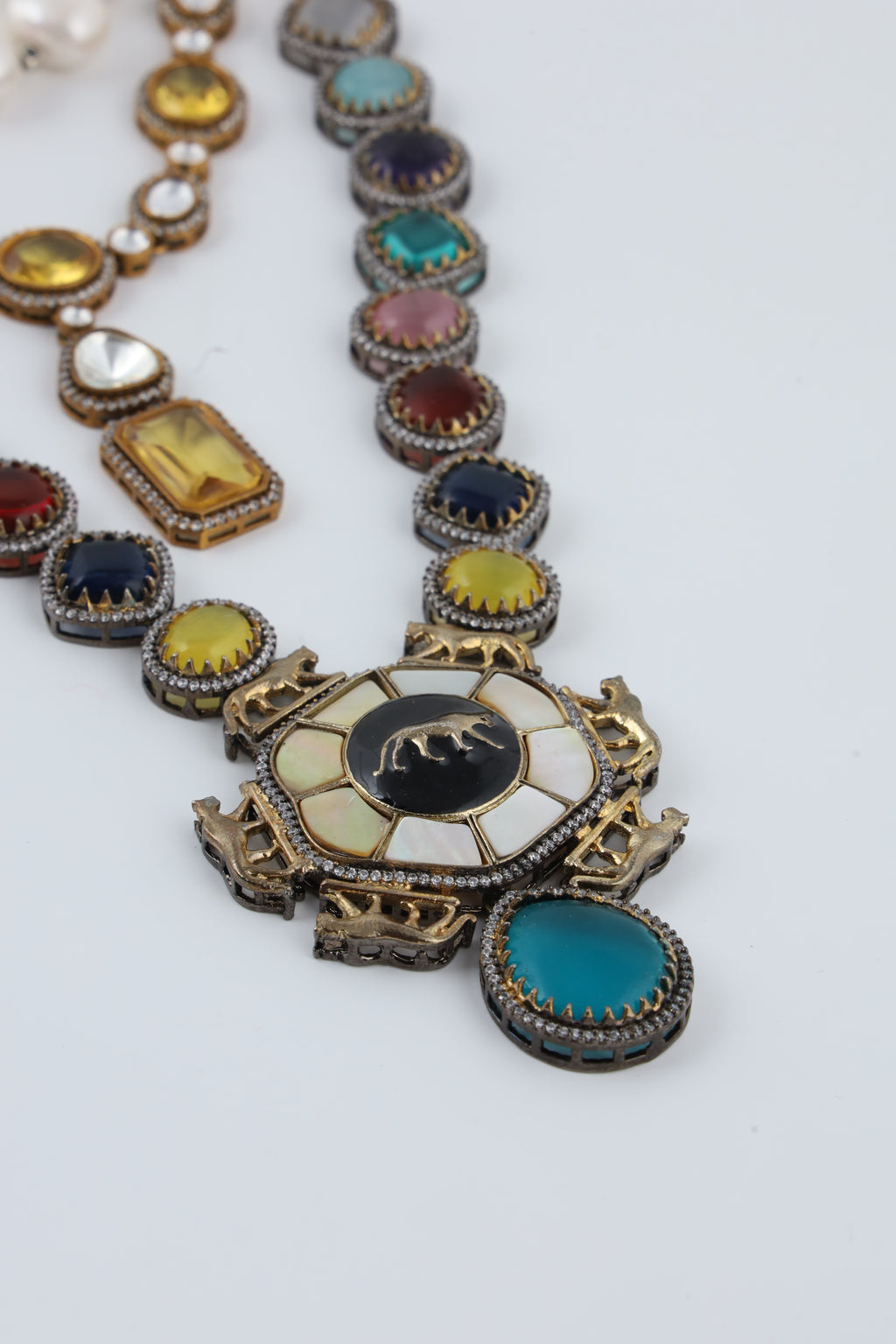 Multicolour Statement Necklace with Turquoise Beads and Layered Pendants