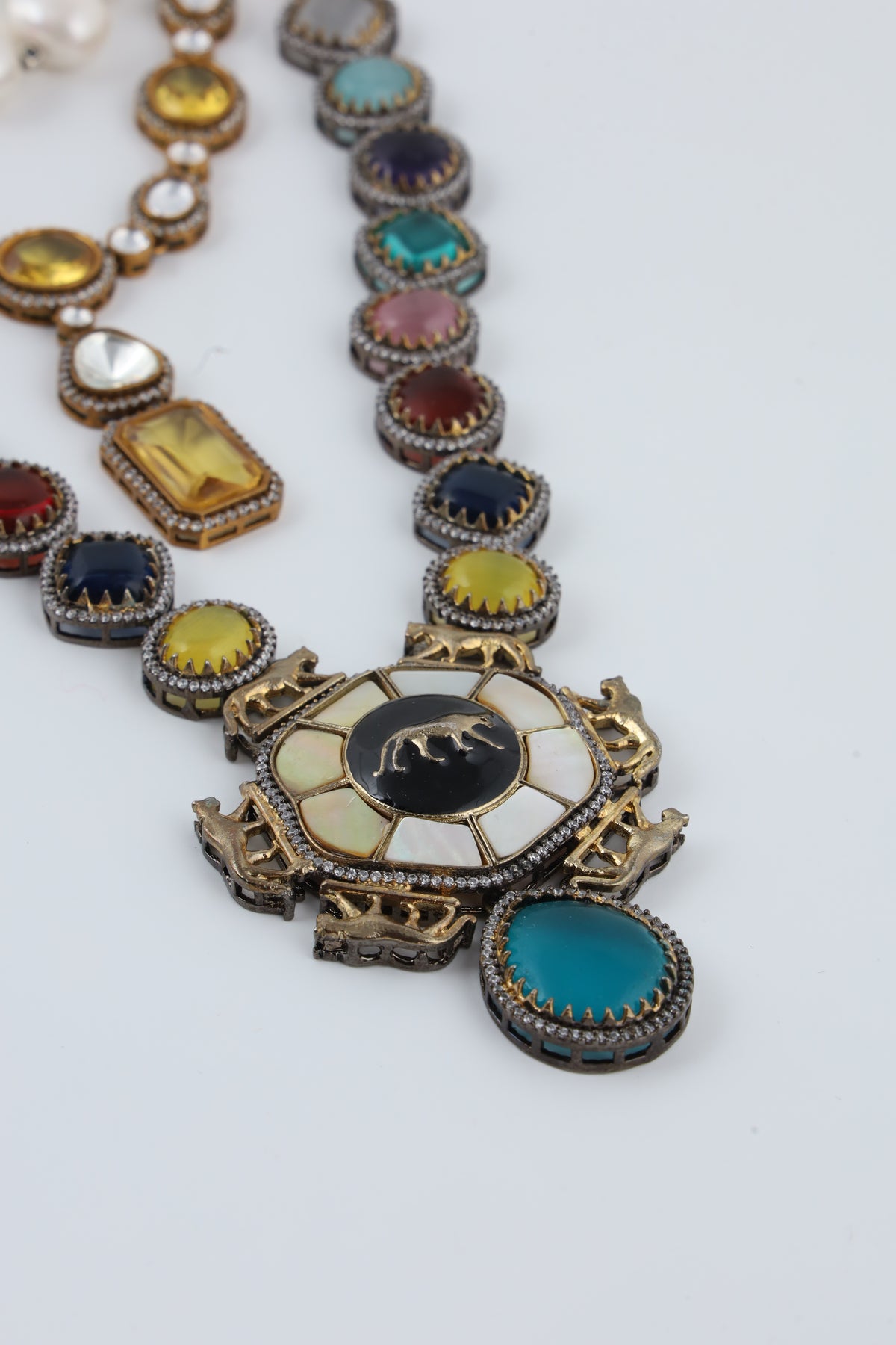 Multicolour Statement Necklace with Turquoise Beads and Layered Pendants