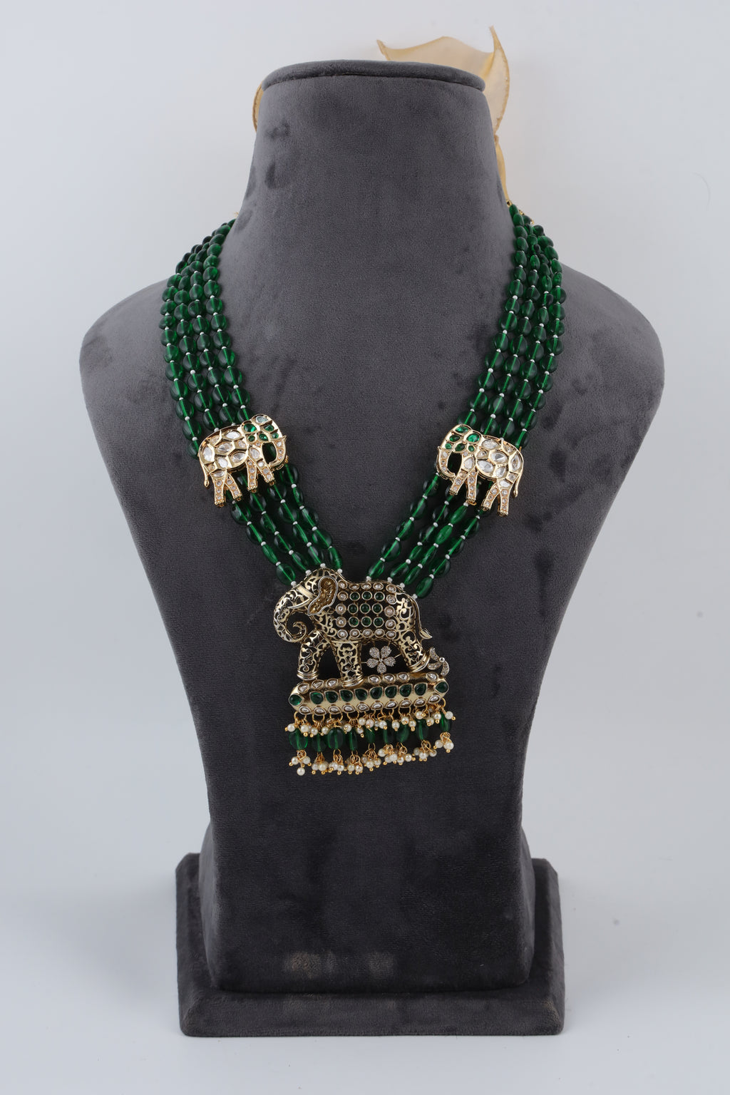 Emerald Green Beaded Temple Necklace with Elephant Motifs
