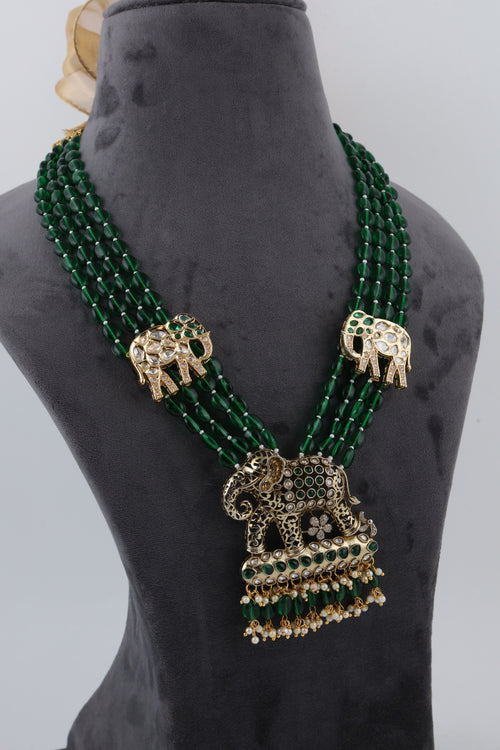 Emerald Green Beaded Temple Necklace with Elephant Motifs