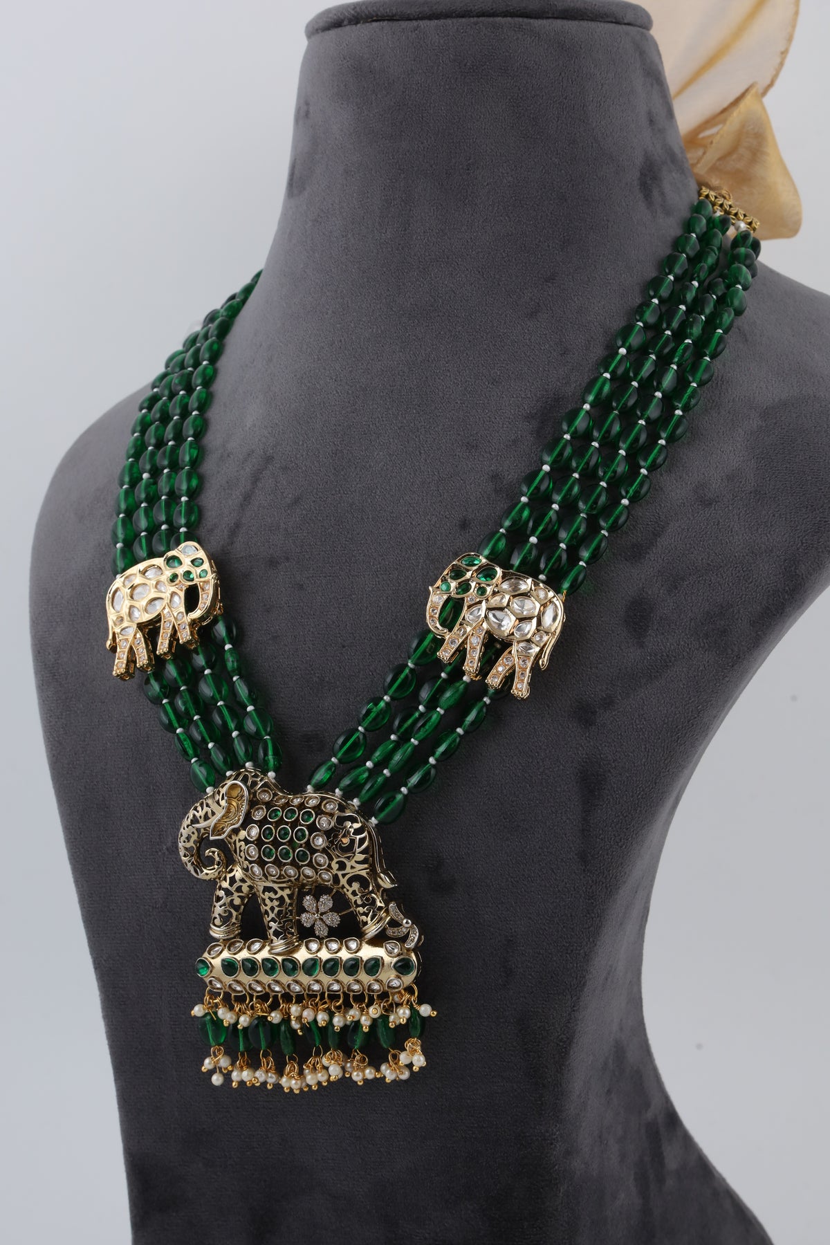 Emerald Green Beaded Temple Necklace with Elephant Motifs