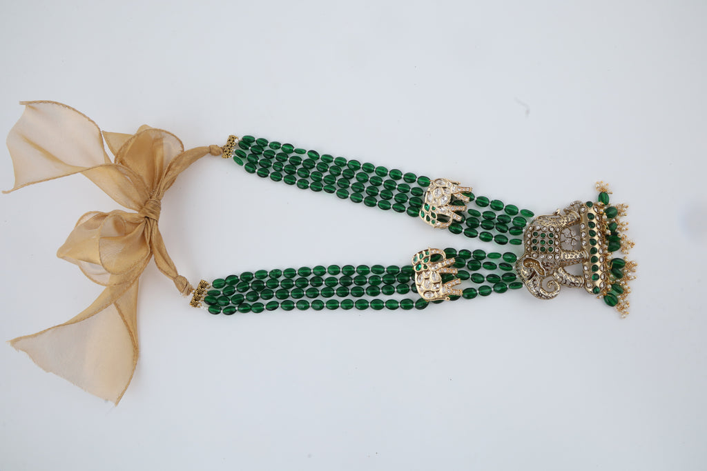 Emerald Green Beaded Temple Necklace with Elephant Motifs