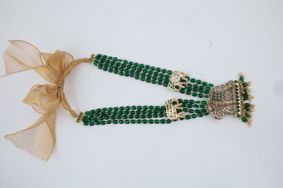 Emerald Green Beaded Temple Necklace with Elephant Motifs
