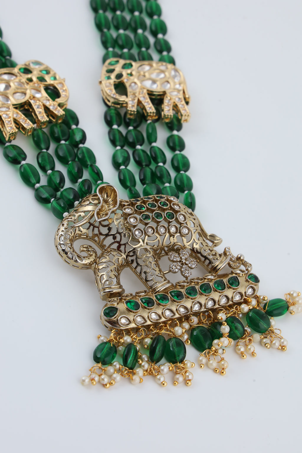 Emerald Green Beaded Temple Necklace with Elephant Motifs