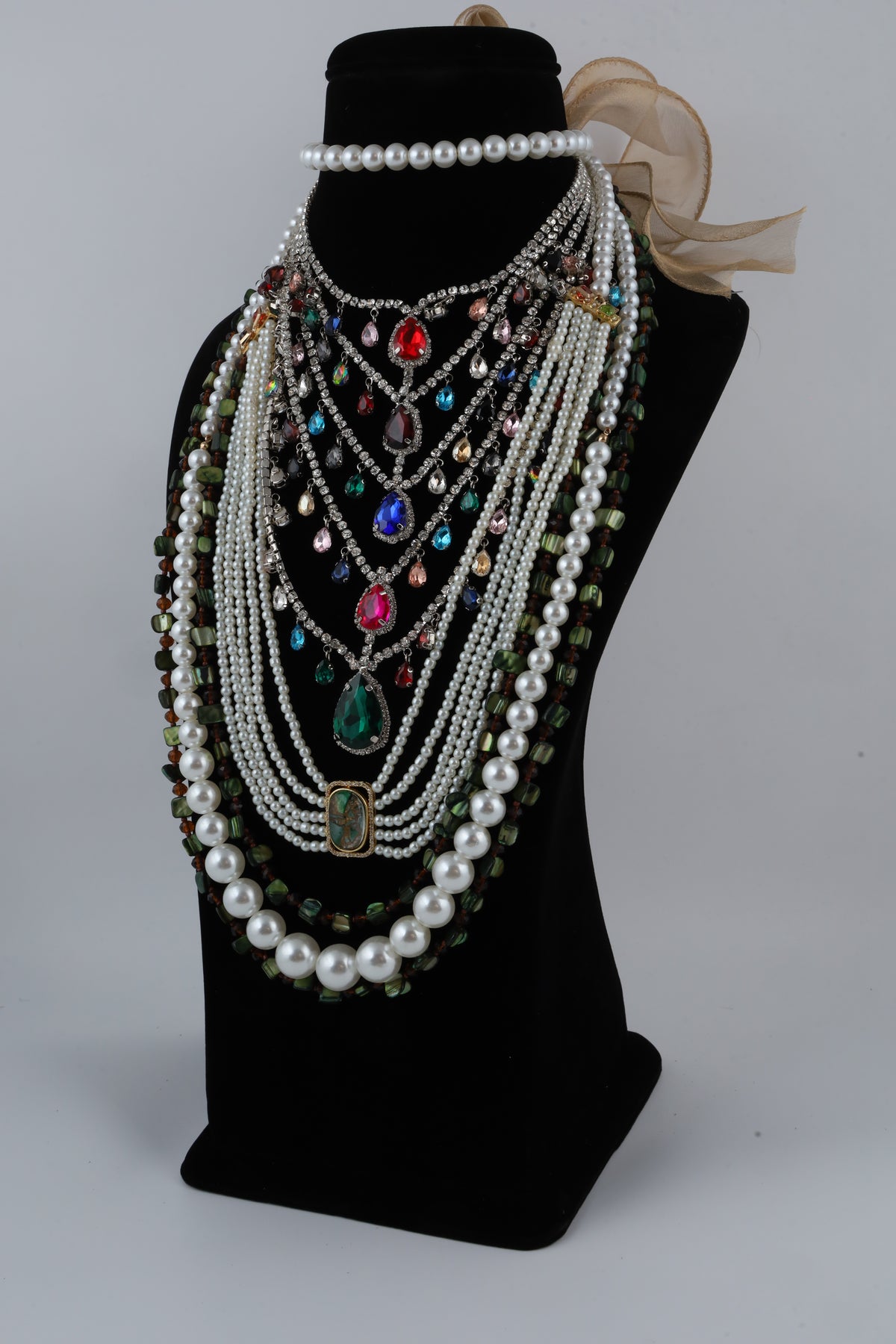 Multicolour Gemstone and Pearl Layered Statement Necklace