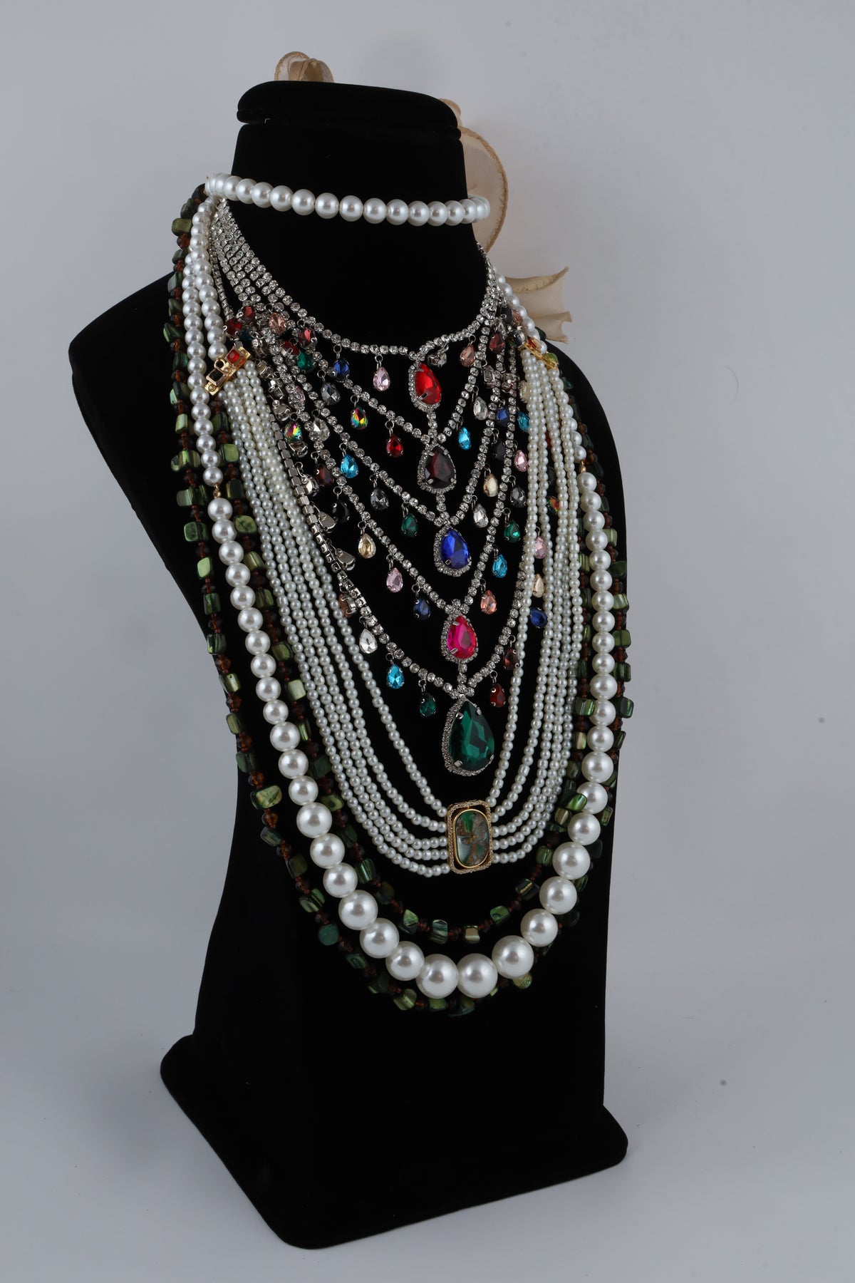 Multicolour Gemstone and Pearl Layered Statement Necklace
