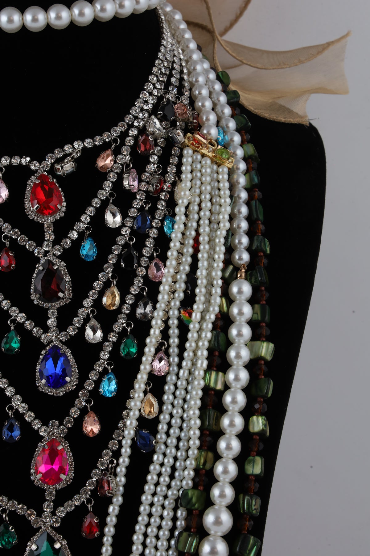 Multicolour Gemstone and Pearl Layered Statement Necklace
