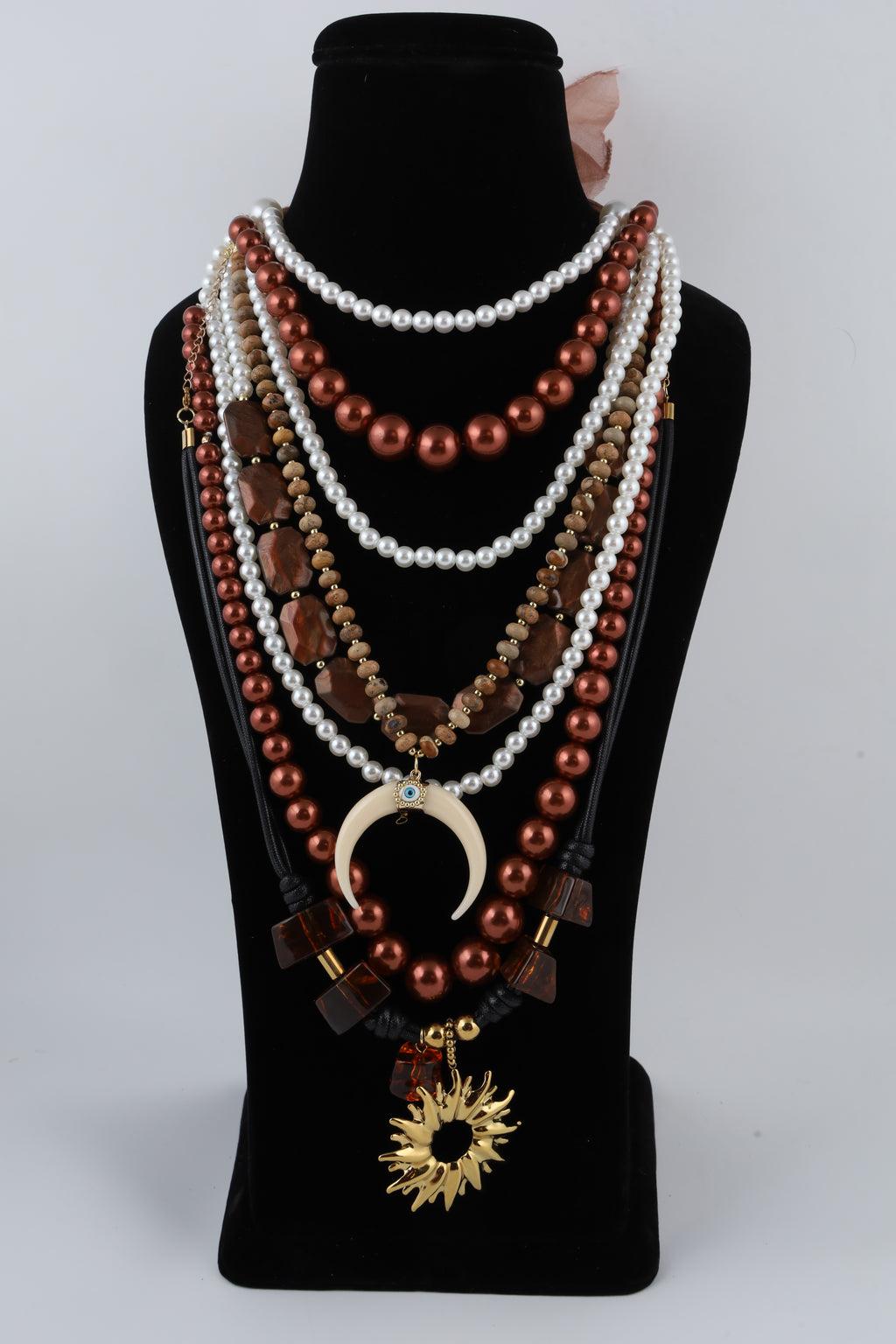 Multilayer Pearl and Brown Beaded Statement Necklace