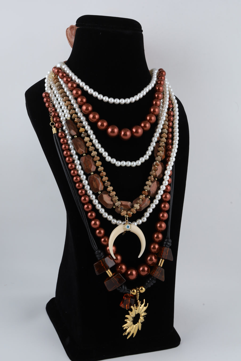 Multilayer Pearl and Brown Beaded Statement Necklace