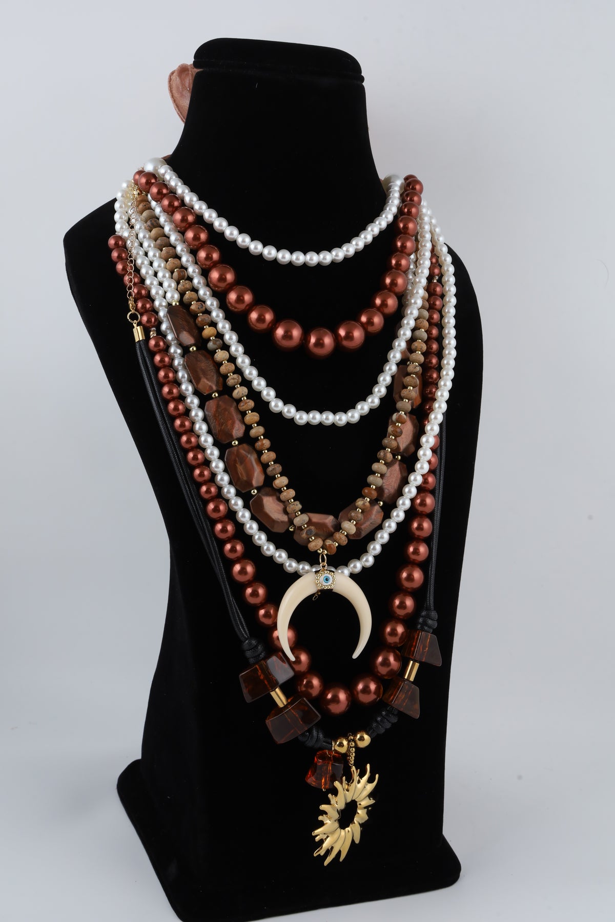 Multilayer Pearl and Brown Beaded Statement Necklace