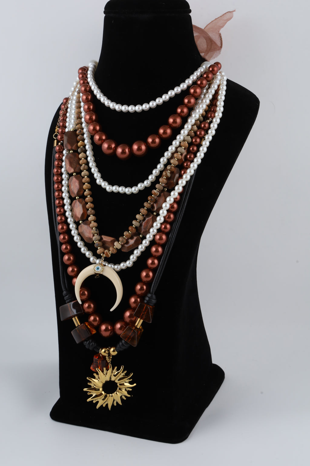 Multilayer Pearl and Brown Beaded Statement Necklace