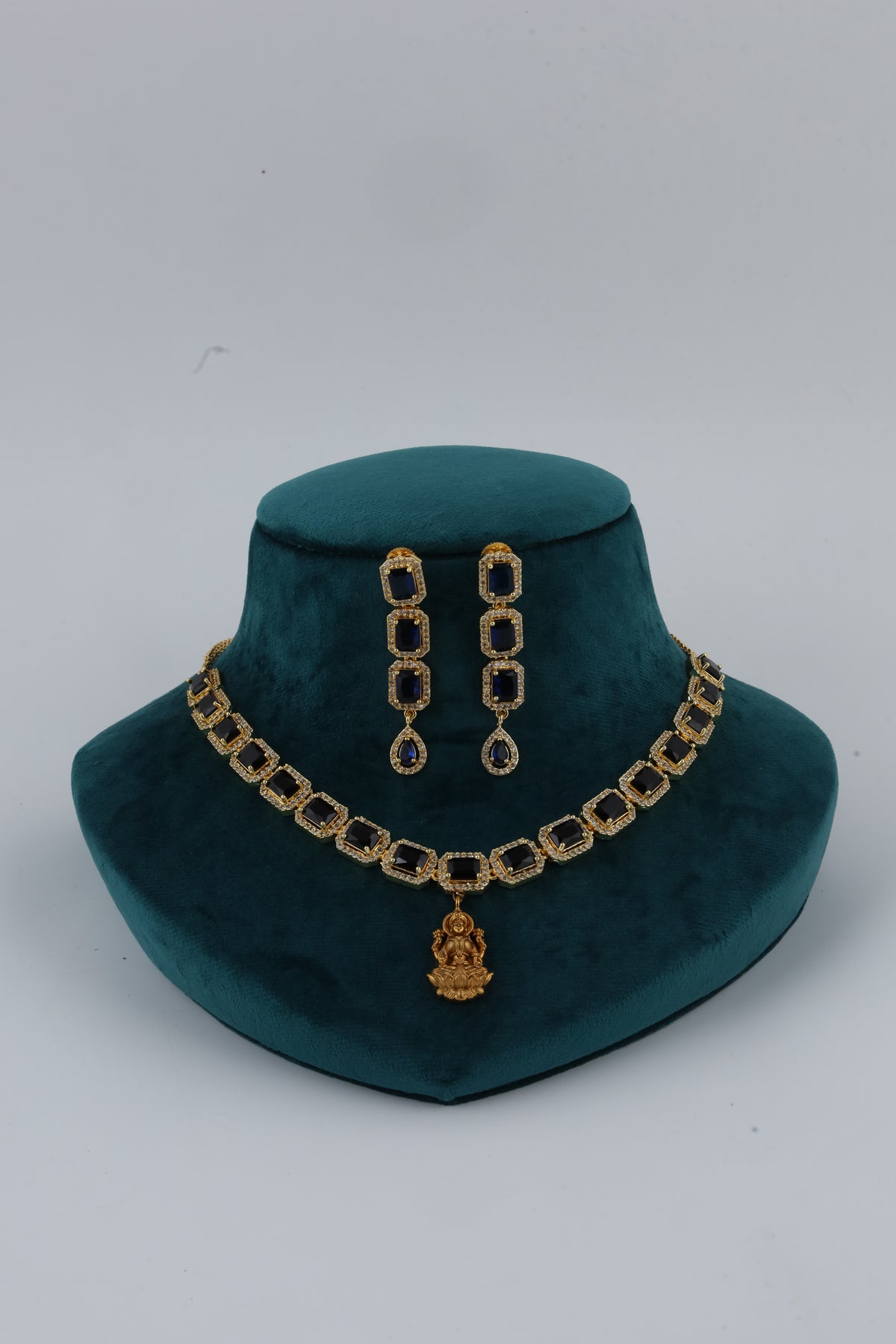 Gold Tone Rectangular Stone Necklace and Earrings