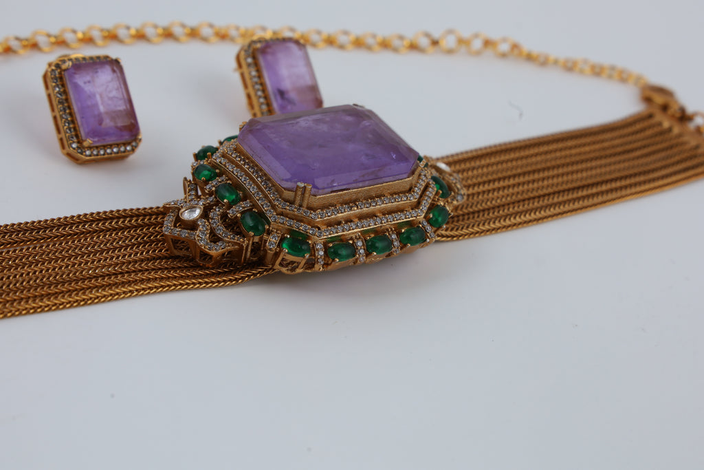 Purple Stone Choker Necklace with Matching Earrings