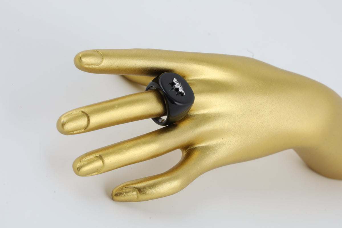 Black Enamel Gold Tone Statement Ring