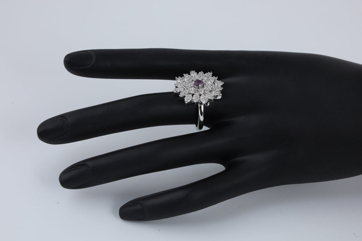 Silver Tone Floral Ring with Purple Centre Stone