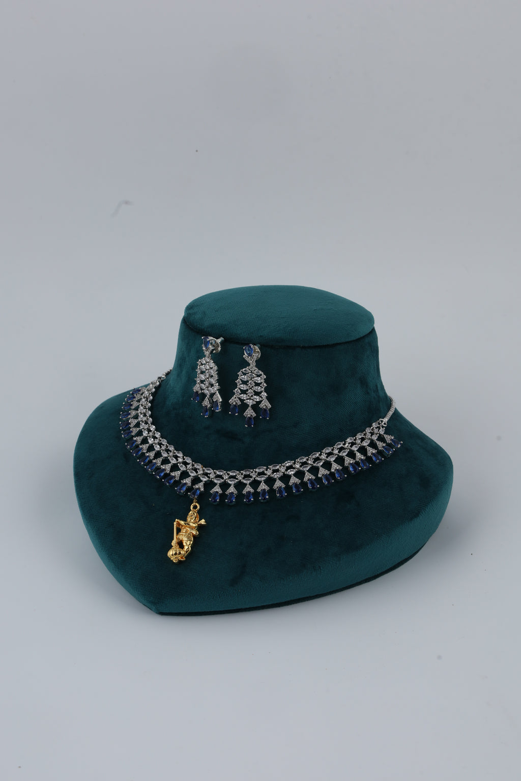 Blue Stone Silver Tone Necklace with Earrings