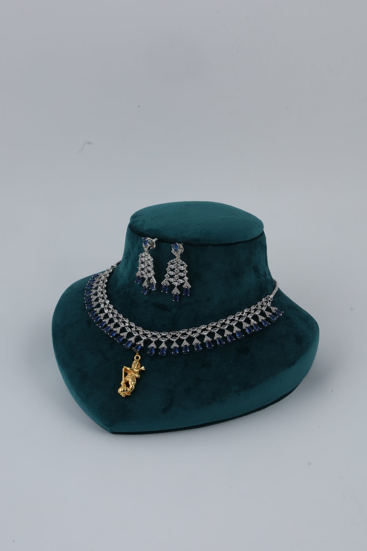 Blue Stone Silver Tone Necklace with Earrings