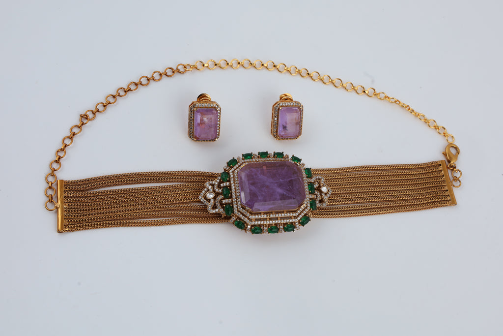 Purple Stone Choker Necklace with Matching Earrings