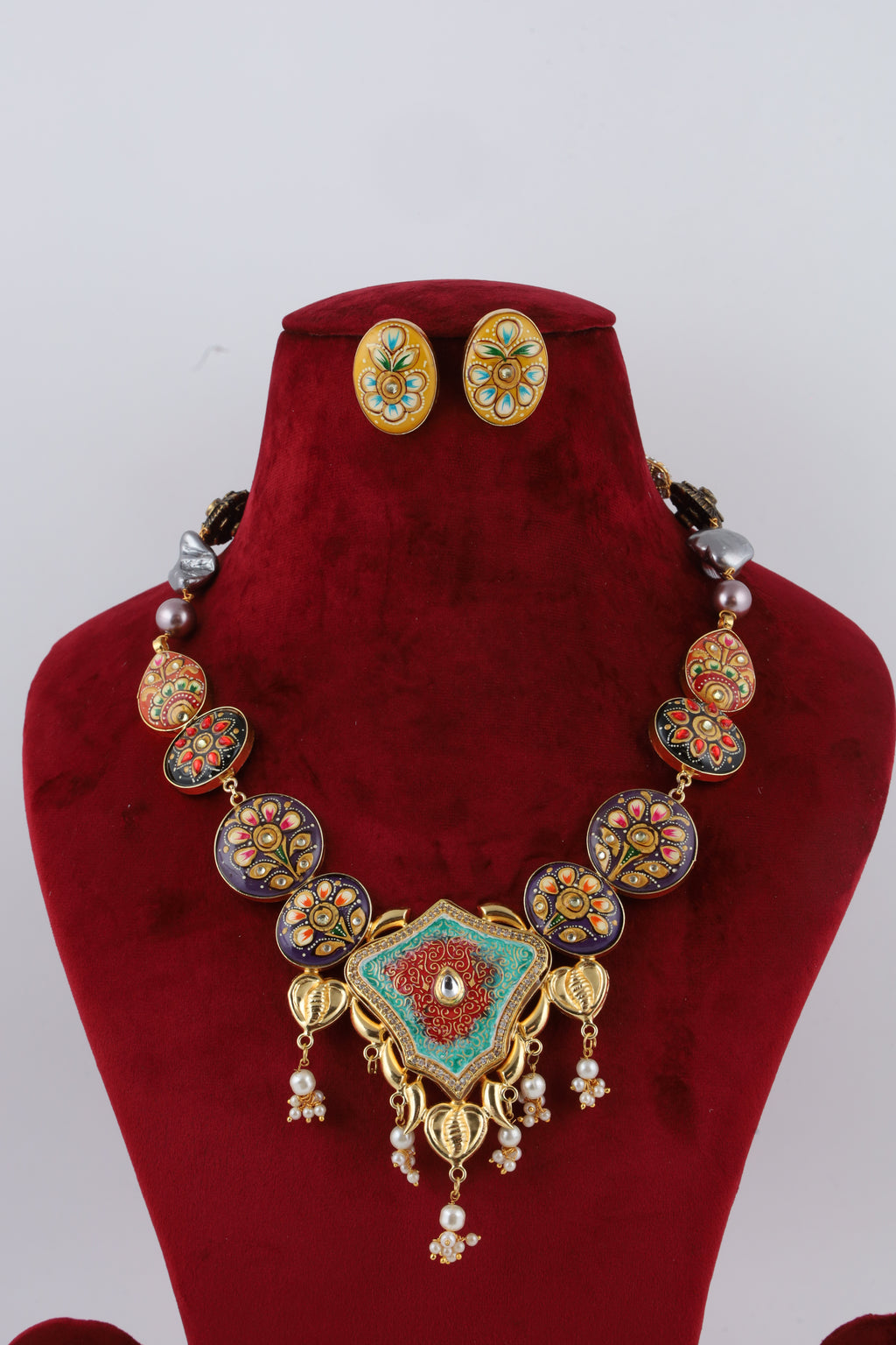 Colourful Enamel Necklace Set with Matching Earrings