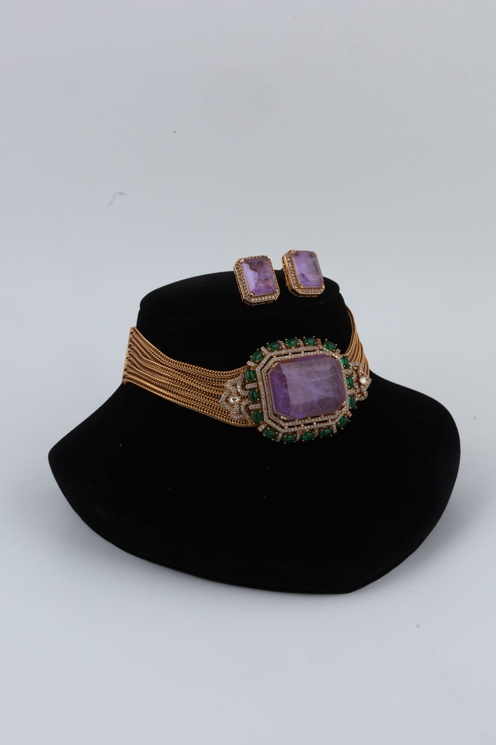 Purple Stone Choker Necklace with Matching Earrings
