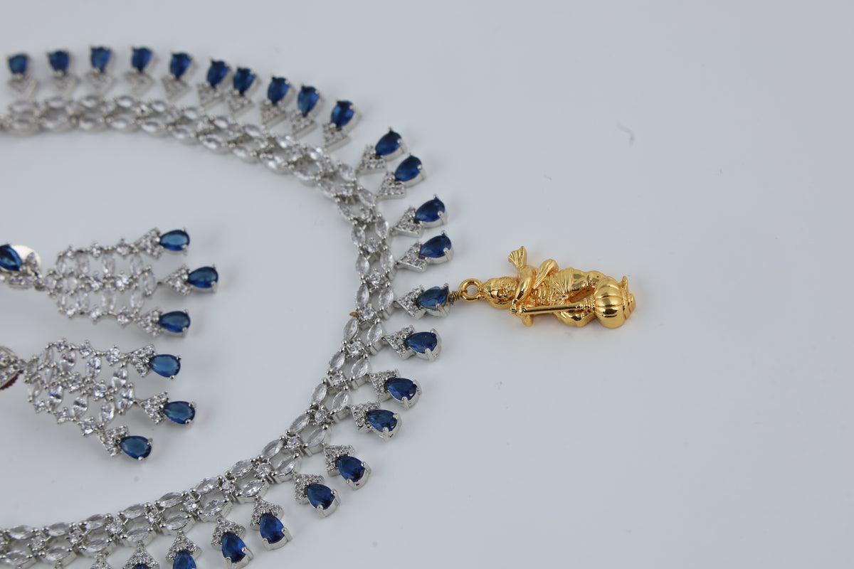 Blue Stone Silver Tone Necklace with Earrings