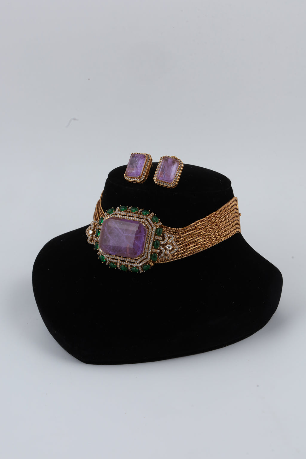 Purple Stone Choker Necklace with Matching Earrings