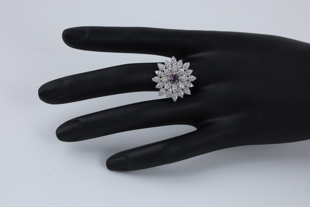 Silver Tone Floral Ring with Purple Centre Stone