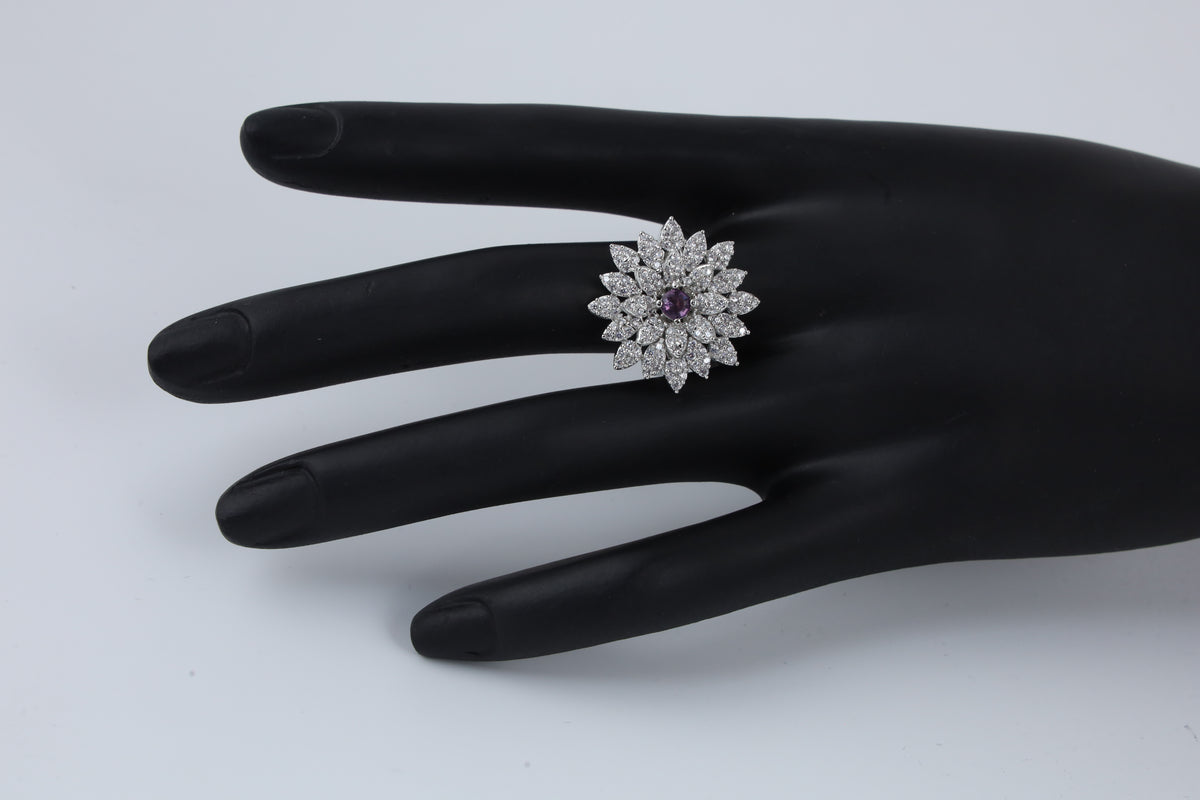 Silver Tone Floral Ring with Purple Centre Stone