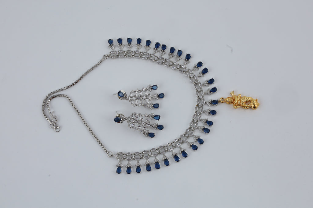 Blue Stone Silver Tone Necklace with Earrings