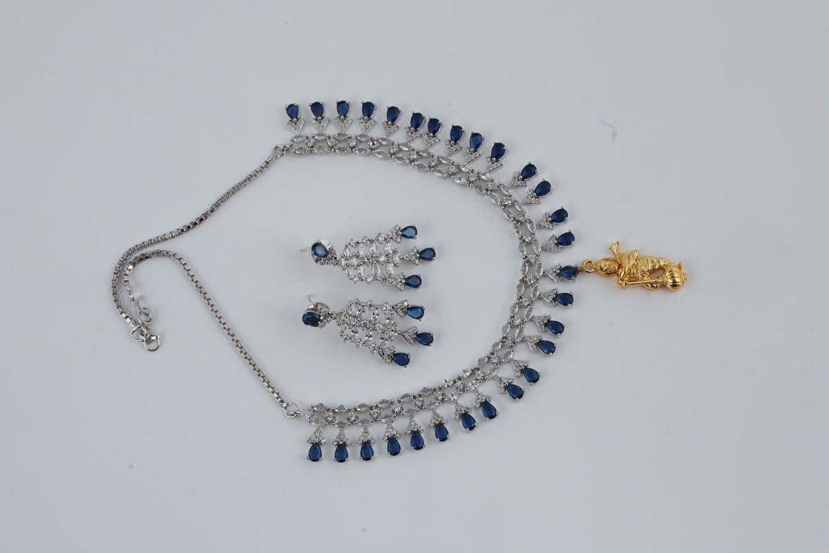 Blue Stone Silver Tone Necklace with Earrings