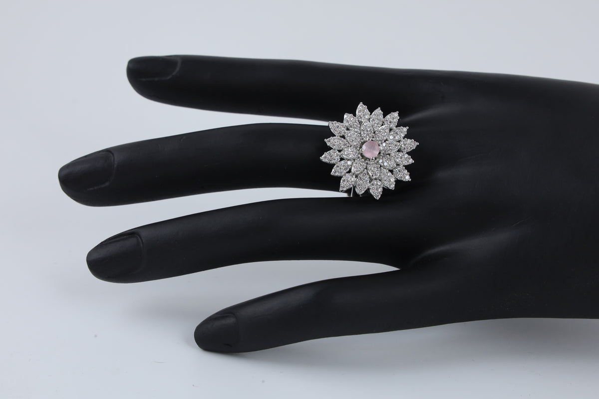 Silver Tone Floral Crystal Cluster Ring