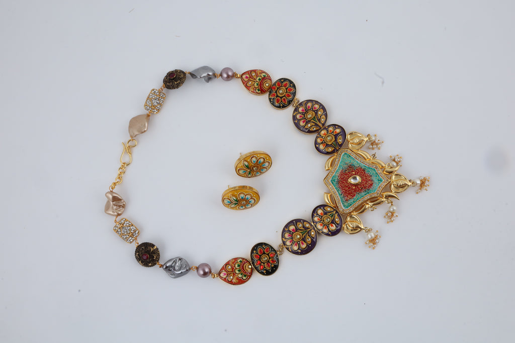 Colourful Enamel Necklace Set with Matching Earrings