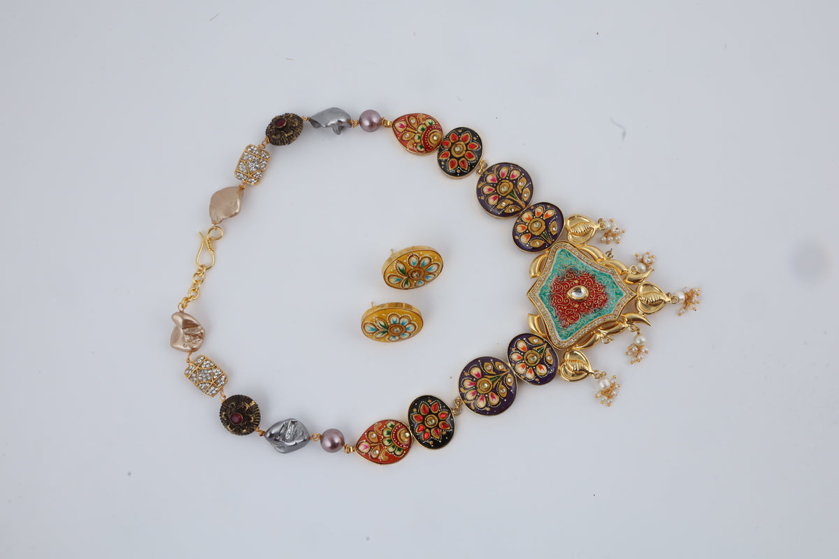 Colourful Enamel Necklace Set with Matching Earrings