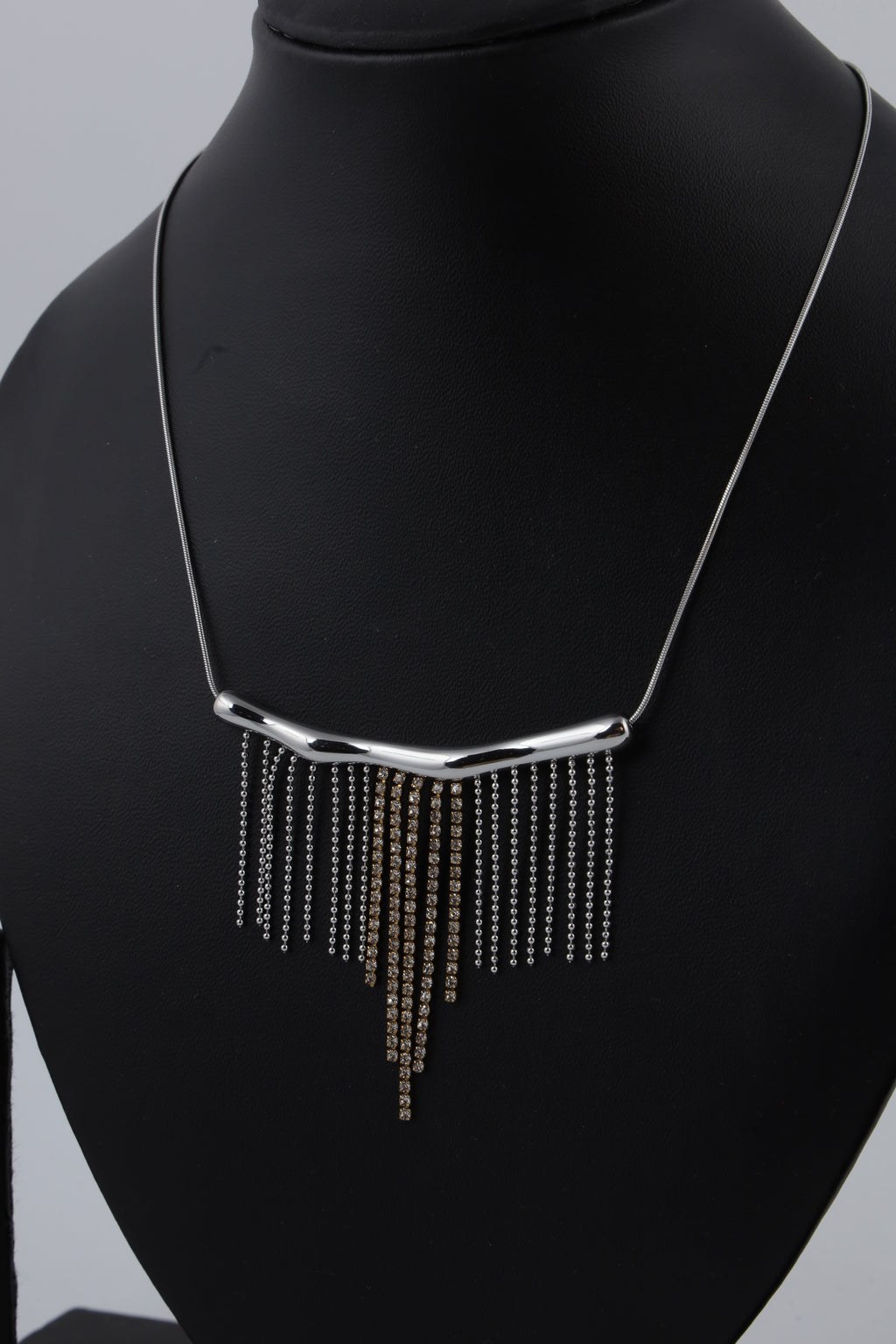 Silver Tone Bar Necklace with Cascading Fringe