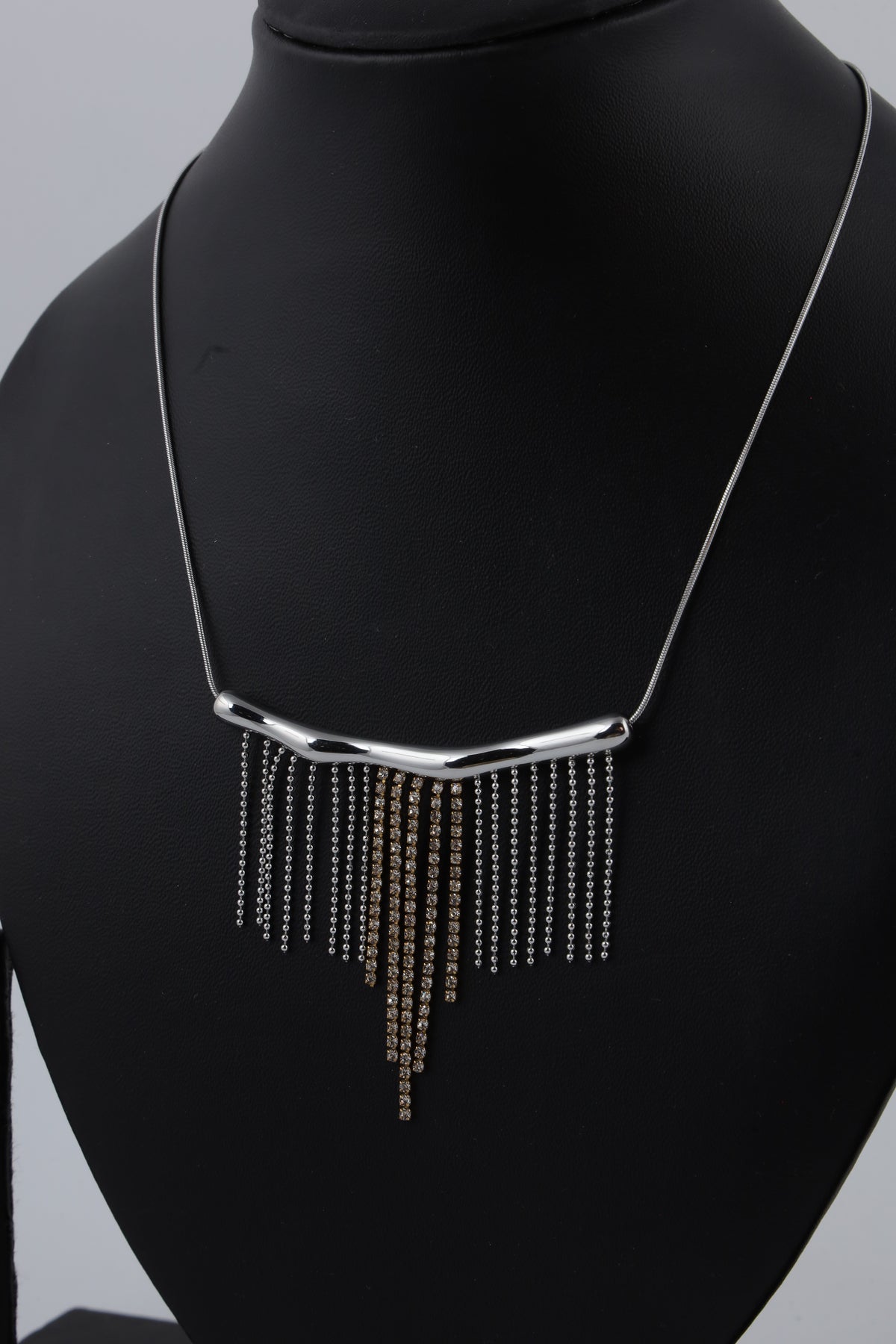 Silver Tone Bar Necklace with Cascading Fringe