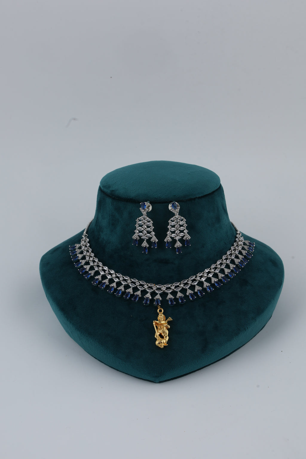 Blue Stone Silver Tone Necklace with Earrings