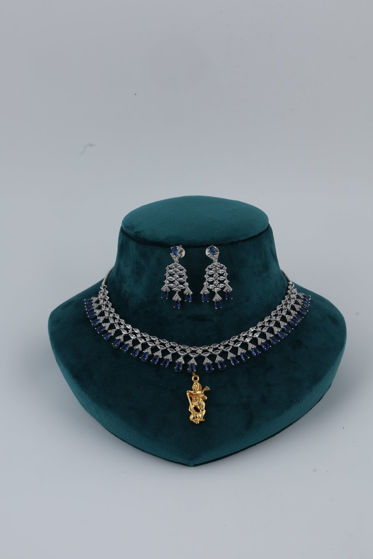 Blue Stone Silver Tone Necklace with Earrings